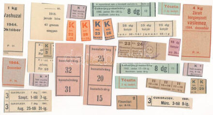 Vegyes 27db-os élelmiszerjegy (kenyér, liszt, cukor, stb.) és árujegy (vashuzal, szappan, zárolt horganyzott vaslemez) T:vegyes