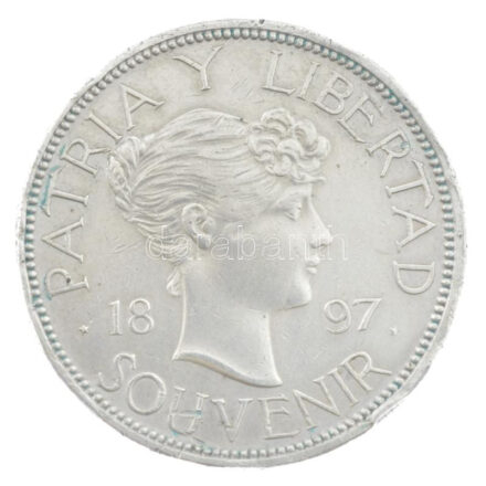 Kuba 1897. 1P Ag 'Szuvenír Peso' közeli dátum, csillag a dátum vonala alatt (22,51g) T:2,2- ph. Cuba 1897. 1 Peso Ag 'Souvenir Peso' closely spaced date, star to right is below date base line (22,51g) C:XF,VF edge error Krause X#M2