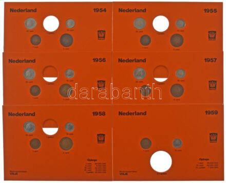 Hollandia 1954-1967. 1c-25c tizennégy különböző év hiányos, nem hivatalos forgalmi összeállításai narancssárga kartonlapon, összesen 55xklf érmével, ezüst Guldenek nélkül T:2,2- Netherlands 1954-1967. 1 Cent - 25 Cent deficient,