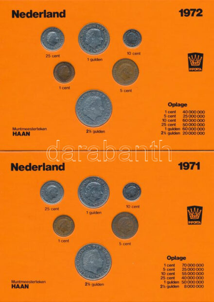Hollandia 1971-1975. 1c-2 1/2G öt különböző év nem hivatalos forgalmi összeállítása, narancssárga kartonlapon, összesen 26xklf érmével T:1--2- Netherlands 1971-1975. 1 Cent - 2 1/2 Gulden five unofficial coin sets from different