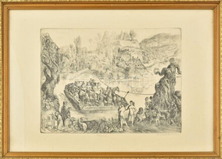 Szabó Vladimír (1905-1991): Átkelés (cím nélkül). Rézkarc, papír, jelzett, művészpéldány VI/XV E.A. számozással. Dekoratív, üvegezett fakeretben, lapon apró foltokkal, 29×39 cm