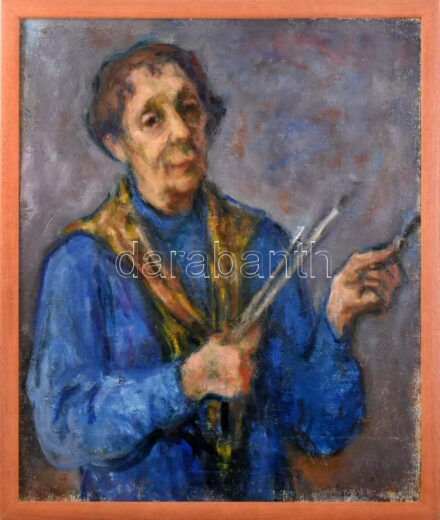 Gráber Margit (1896-1993): Önarckép ecsetekkel. Olaj, vászon, kartonon, jelezve jobbra lent. 60,5×51 cm. Fakeretben / Self portrait. Oil on canvas, mounted on board, signed lower right, framed