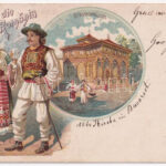 1899 (Vorläufer) Bucharest, Bukarest, Bucuresti, Bucuresci; Stavropoleos. Salutari din Romania / Stavropoleos Orthodox Monastery Church, Romanian folklore. Inst. de Arte Grafice Carol Göbl Art Nouveau, floral, litho (EB)
