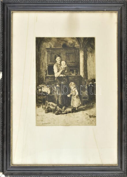 Munkácsy Mihály után Kórusz József (1927-2010): Anya gyermekeivel, rézkarc, papír, jelzett a karcon. Lap széle foltos. Sérült üvegezett fa keretben, 31x23 cm.