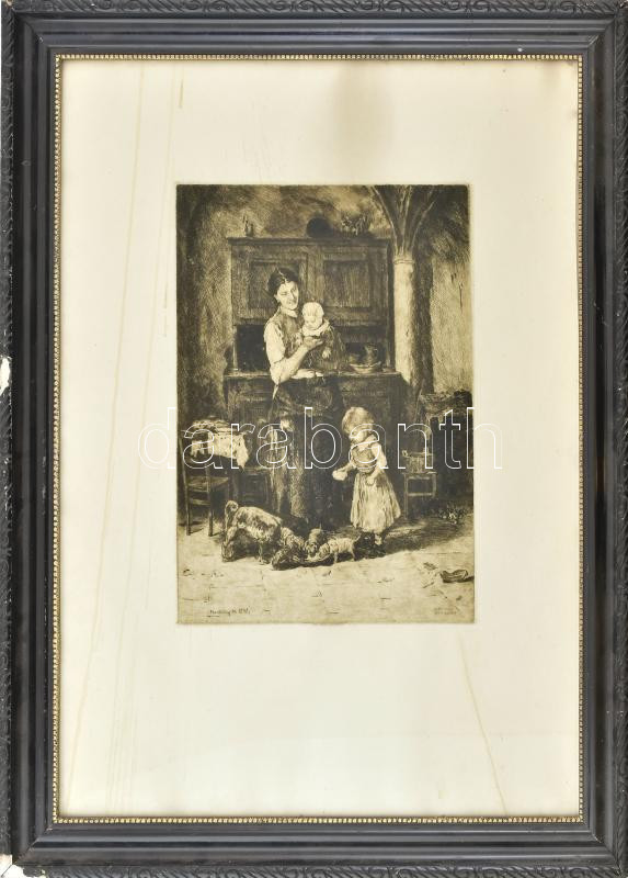 Munkácsy Mihály után Kórusz József (1927-2010): Anya gyermekeivel, rézkarc, papír, jelzett a karcon. Lap széle foltos. Sérült üvegezett fa keretben, 31x23 cm.