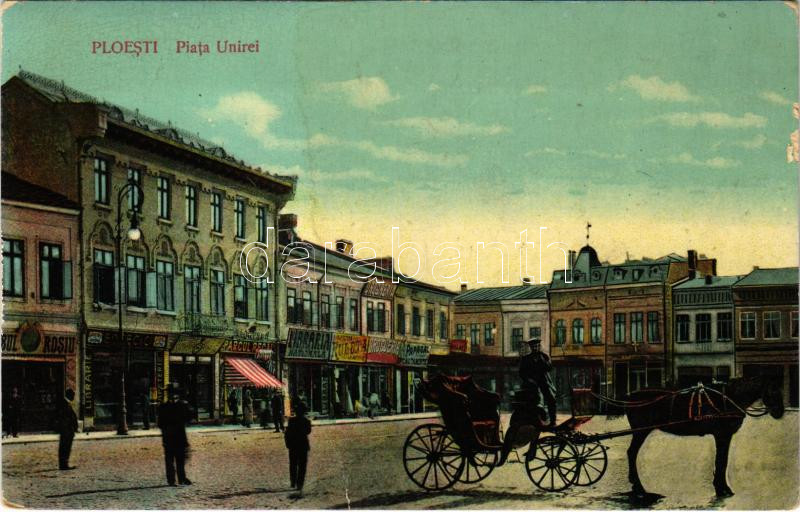 Ploiesti, Ploesti, Ploesci; Piata Unirei / square, shops, horse-drawn carriage (EK)