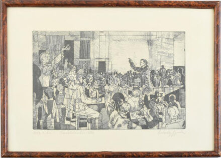 Feledy Gyula (1928-2010): 1919.V.2-i Munkástanács-ülés. Rézkarc, papír, jelzett, 19×29 cm, üvegezett keretben