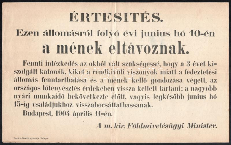1904 Érdekes felhívás lófedezetetési munkákra visszatartott katonák ügyében 35x21 cm