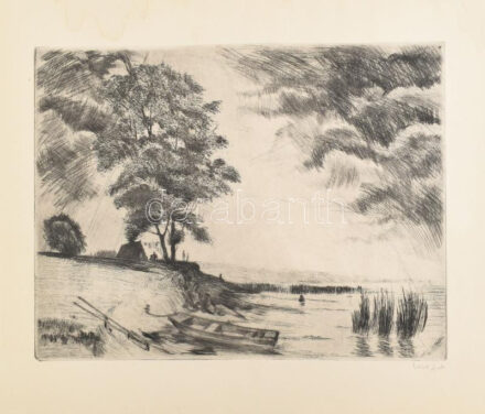 László Gyula (1910-1998): Balaton. Rézkarc, papír, jelzett, lap széle foltos, 29×39 cm,