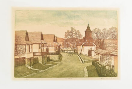 Gaál Domonkos (1940-2009): Hollókő. Színes rézkarc, papír, jelzett, számozott (54/100), javított sérüléssel, 26×39 cm