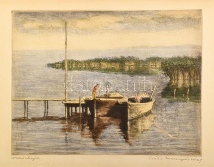 Csáki-Maronyák József (1910-2002): Halászhajók (Balaton). Színezett rézkarc, papír. Jelzett. Lap szélén apró foltokkal. 29x38 cm