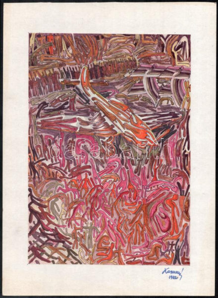 Koppány Frigyes (?-?): Légitámadás, 1982. Vegyes technika, papír, jelzett, a hátoldalán autográf felirattal. Kartonra kasírozva. 30x21 cm