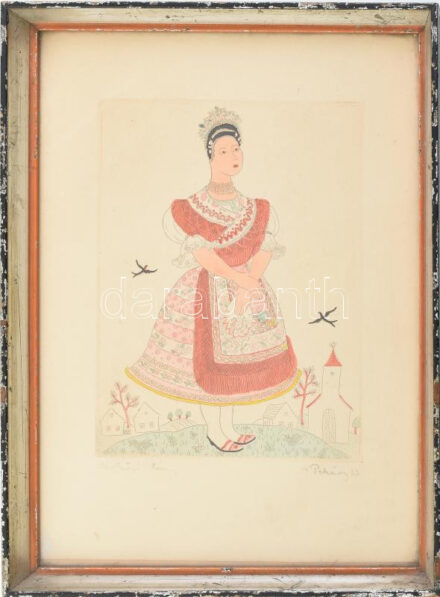 Pekáry István (1905-1981): Sárközi lány - magyar népviselet. Színezett rézkarc, papír. Jelzett. Pekáry1933. Üvegezett kopott keretben. 21x15,5 cm