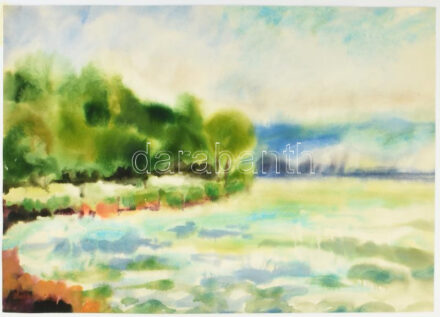 Borbély Béla (194?-2019): Balatonpart. Akvarell, papír, jelzett, 42x59 cm.