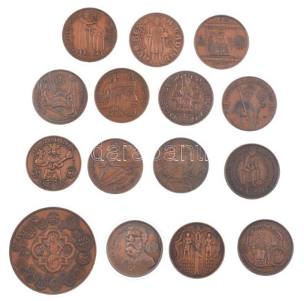 1987-2001. 'MÉE Alba Regia Szervezete - Székesfehérváron koronázott, eltemetett királyok' bronz emlékéremsorozat (42,5mm, 14xklf) + 2001. 'Géza fejedelem 972-997 / Székesfehérváron koronázott, eltemetett királyok 1987-2001'