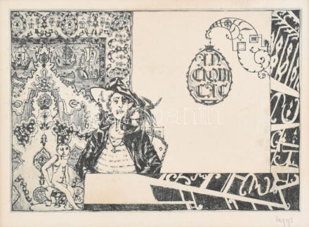 Hepp Edit (1947-): Jelenet (cím nélkül). Rézkarc, papír, jelzett, paszpartuban, 14×20 cm