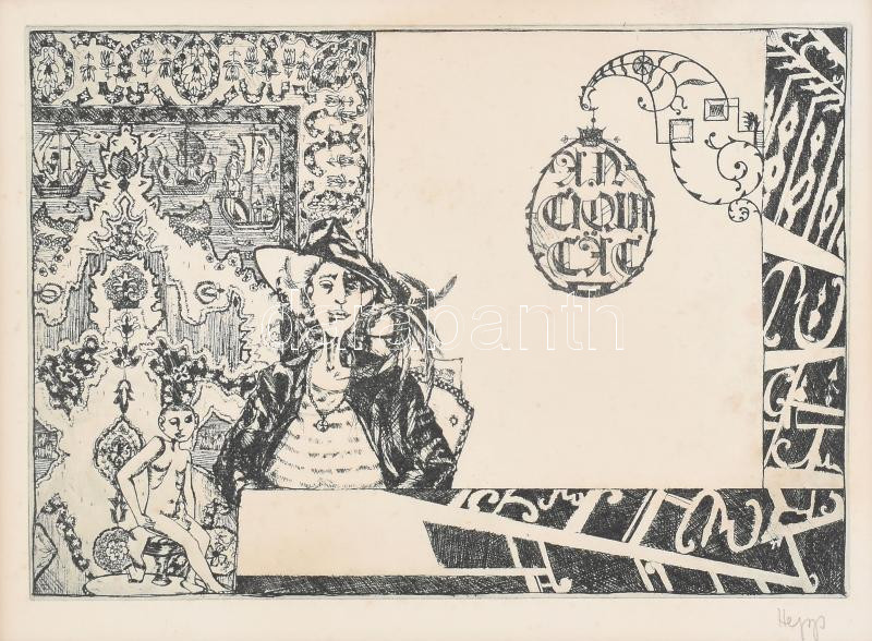 Hepp Edit (1947-): Jelenet (cím nélkül). Rézkarc, papír, jelzett, paszpartuban, 14×20 cm