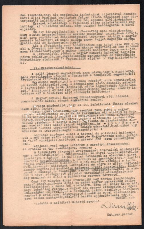 1919 A Magyar Nemzeti Hadsereg fővezérségének 1334/VI-1919. sz rendeletére kiadott Budapesti katonai parancsnokság rendelet október 8-án a polgári sé katonai hatóságok hatáskörének szabályozása tárgyában 4p. - Image 4