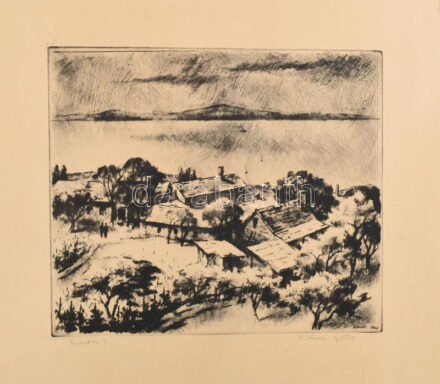 Kórusz József (1927-2010): Balaton I. Rézkarc, papír, jelzett, 35×39 cm