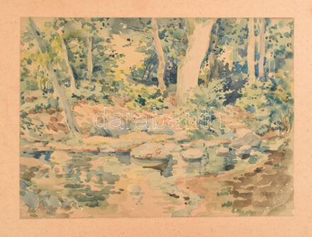 Olvashatatlan jelzéssel: Erdei vízpart. Akvarell, papír, kartonra kasírozva. 28x38 cm