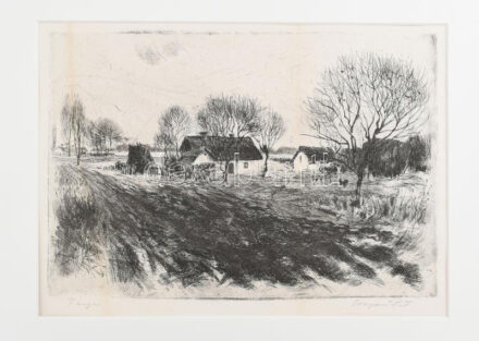 Csergezán Pál (1924-1996): Tanya, rézkarc, papír, jelzett, kisebb elszíneződéssel, paszpartuban, 19,5×29 cm