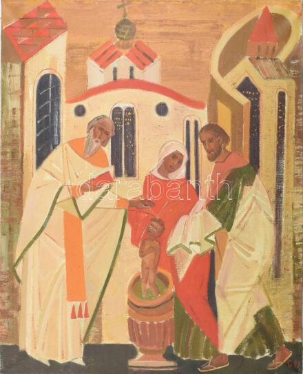 Ivanova, T. V. (?-), orosz vagy szovjet festő: Keresztelő. Olaj, vászon, jelezve jobbra lent, hátoldalán autográf felirattal és címkén feliratozott, 60×50 cm / Ivanova, T. V. (?-), Soviet or Russian painter: Christening. Oil on canvas,