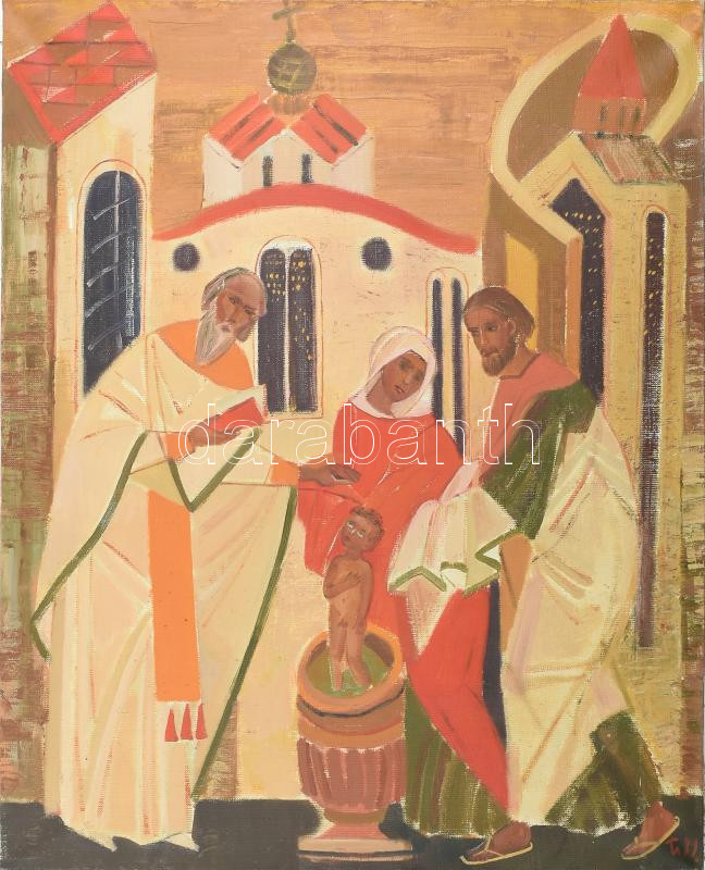 Ivanova, T. V. (?-), orosz vagy szovjet festő: Keresztelő. Olaj, vászon, jelezve jobbra lent, hátoldalán autográf felirattal és címkén feliratozott, 60×50 cm / Ivanova, T. V. (?-), Soviet or Russian painter: Christening. Oil on canvas,