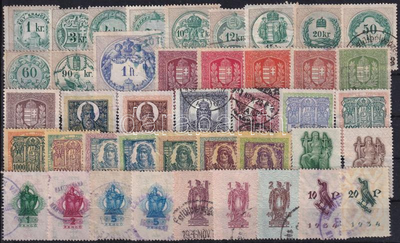 1891-1934 42 klf régi okmánybélyeg, benne 1 db csonka sor