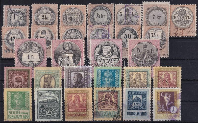 1880-1923 29 klf régi okmánybélyeg, benne 1 db csonka sor