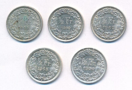 Svájc 1950-1965. 1/2Fr Ag (5xklf) T:1--2- Switzerland 1950-1965. 1/2 Franc Ag (5xdiff) C:AU-VF Krause KM#23