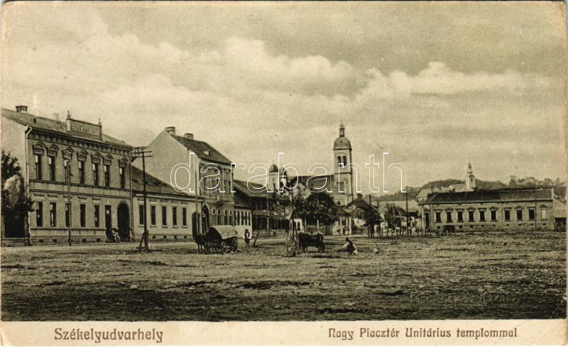 1917 Székelyudvarhely, Odorheiu Secuiesc; Nagy piactér, Erzsébet szálloda, Unitárius templom. Sterba Ödön kiadása / market square, hotel, Unitarian church (EB)