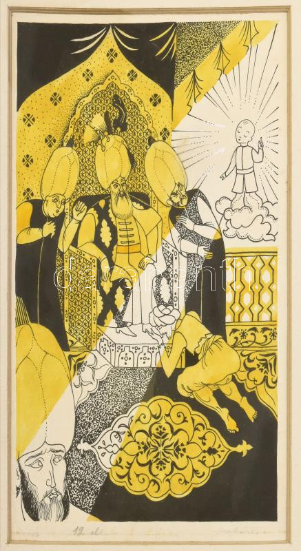 Jankovics Marcell (1941-): Házár (illusztráció Nazim Hikmet: A szerelmes felhő c. könyvéhez). Vegyes technika, papír, jelezve jobbra lent, üvegezett fakeretben, bal felső sarkában kissé foltos, 23×14,5 cm. / mixed technique on paper,