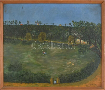 Dévényi Antal (1910-1989): Bánki-tó, 1974. Olaj, farost, jelezve jobbra lent, hátoldalán autográf felirattal és kiállítási címkével. Fakeretben, 34,5×40 cm.