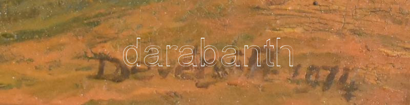 Dévényi Antal (1910-1989): Bánki-tó, 1974. Olaj, farost, jelezve jobbra lent, hátoldalán autográf felirattal és kiállítási címkével. Fakeretben, 34,5×40 cm. - Image 2