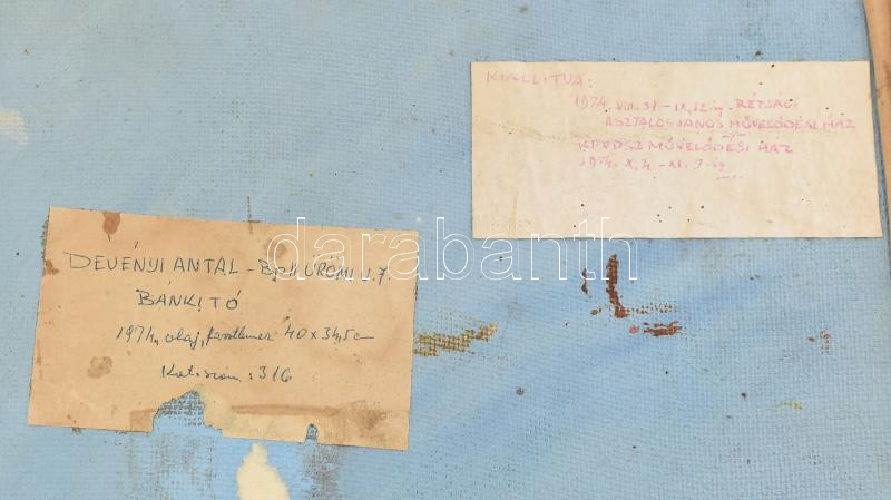 Dévényi Antal (1910-1989): Bánki-tó, 1974. Olaj, farost, jelezve jobbra lent, hátoldalán autográf felirattal és kiállítási címkével. Fakeretben, 34,5×40 cm. - Image 3
