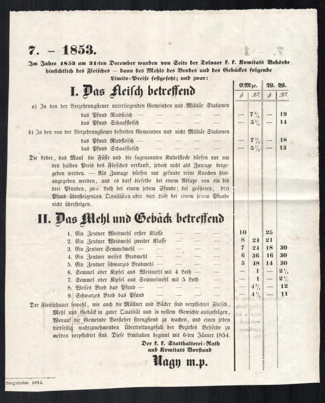 1853 Tolna megyei hús és pékáru díjszabás ártábla hirdetménye 22x26 cm