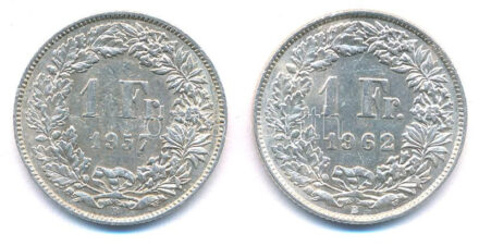 Svájc 1957-1962. 1Fr Ag (2xklf) T:1-,2 Switzerland 1957-1962. 1 Franc Ag (2xdiff) C:AU,XF Krause KM#24