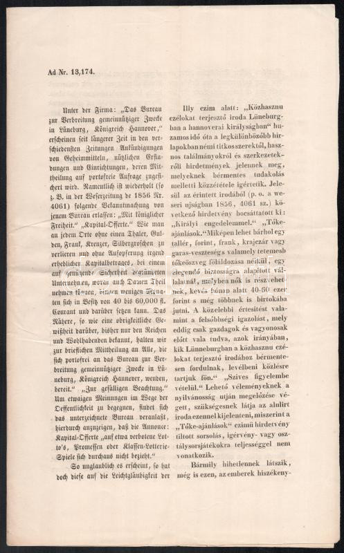cca 1850 Újságban hirdetett piramisjáték leírása hatósági nyomtatványon német és magyar nyelven 3 p