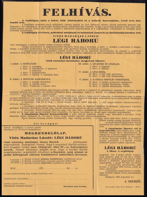cca 1925 vitéz Madarász László Légi háború c. könyvének ismertetője és előfizetési felhívása