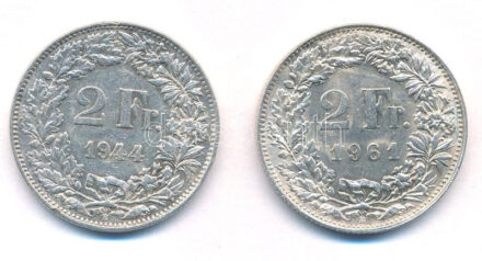 Svájc 1944-1961. 2Fr Ag (2xklf) T:2,2- ph. Switzerland 1944-1961. 2 Francs Ag (2xdiff) C:XF,VF edge error Krause KM#21