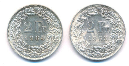 Svájc 1963-1964. 2Fr Ag (2xklf) T:1-,2 Switzerland 1963-1964. 2 Francs Ag (2xdiff) C:AU,XF Krause KM#21