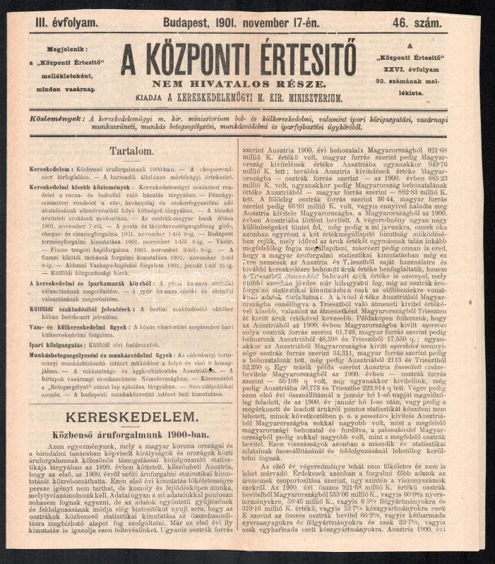 1901 A Központi Értesítő nem hivatalos része 12p
