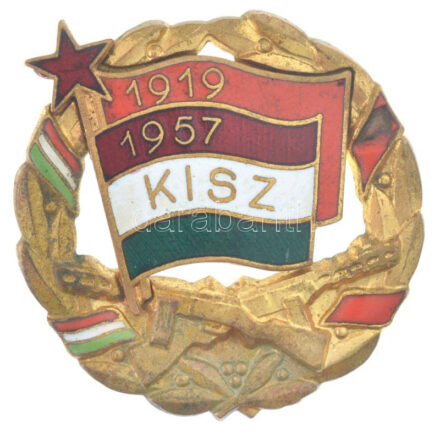 ~1970. 'KISZ 1919-1957' aranykoszorús jelvény, HM típus, aranyozott, zománcozott (45mm) T:2 zománchiba, kopott aranyozás