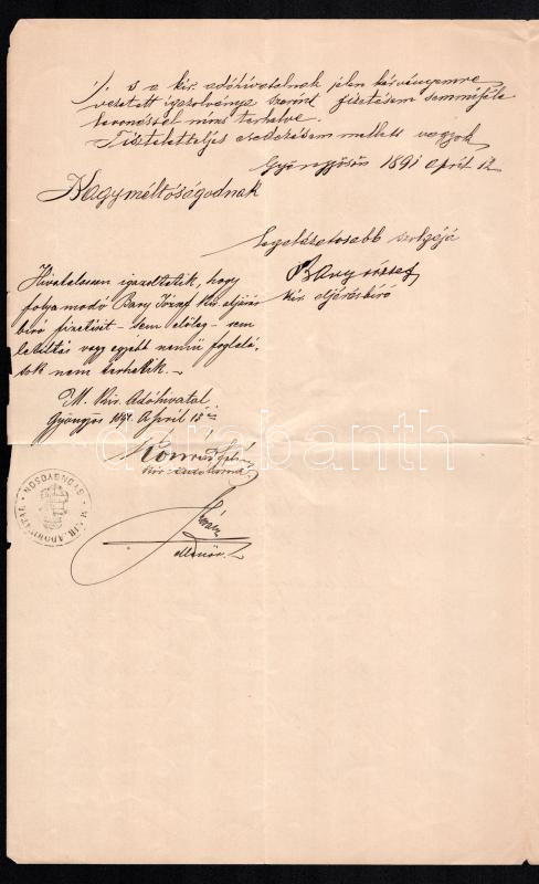 1891 Nagyvárad, Gyöngyös, Dr. Bary József (1858-1915) albíró/királyi eljárásbíró, a tiszaeszlári vérvádper vizsgálóbíró megüresedett bíró állásra való jelentkezése, és fizetési előleg kérelme, autográf aláírásokkal, - Image 2