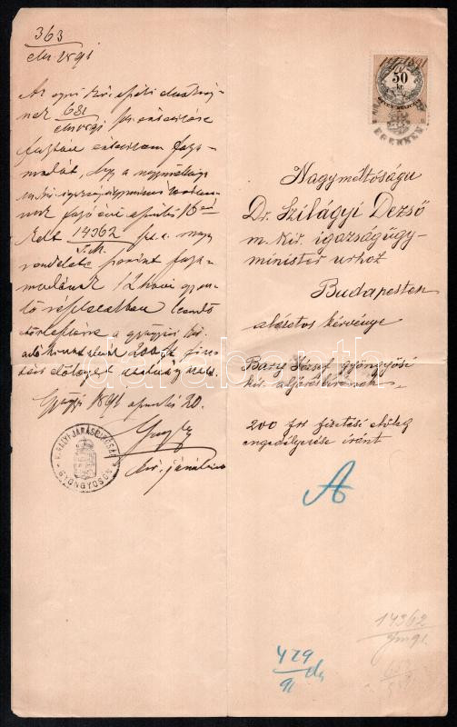 1891 Nagyvárad, Gyöngyös, Dr. Bary József (1858-1915) albíró/királyi eljárásbíró, a tiszaeszlári vérvádper vizsgálóbíró megüresedett bíró állásra való jelentkezése, és fizetési előleg kérelme, autográf aláírásokkal, - Image 3
