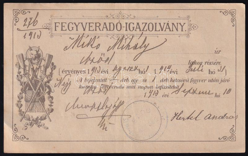1913 Fegyveradó igazolvány