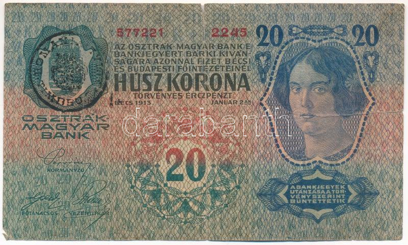 1913. 20K '2245 577221', fekete 'ROMANIA TIMBRU SPECIAL' felülbélyegzéssel T:III- szakadás Adamo K17