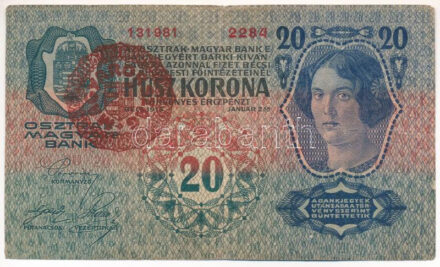 1913. 20K I. kiadás, piros 'MAGYARORSZÁG' felülbélyegzéssel, '2284 131981' T:III Adamo K17B