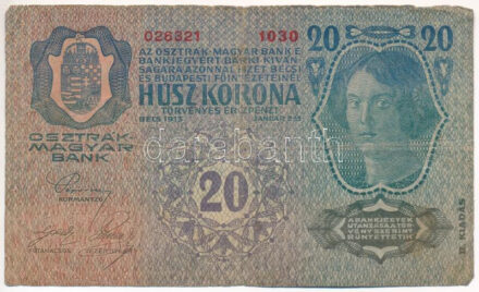 1913. 20K II. kiadás, piros 'DEUTSCHÖSTERREICH' felülbélyegzéssel '1030 026321' T:III- kis szakadások, folt Adamo K18B