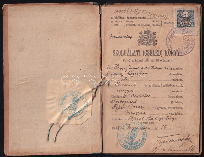 1908 Cselédkönyv bejegyzésekkel
